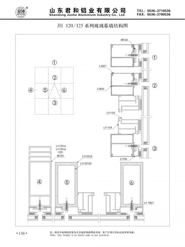 Cross-sectional Diagram of Profiles of JH120/125 Series Glass Curtain Walls